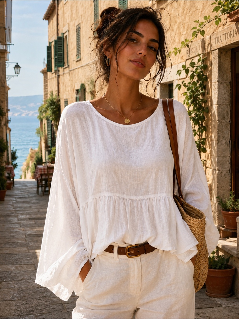 IT76. From Italy 🇮🇹 Relaxed Light Ruffle Waist Boho Top